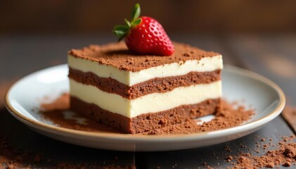 Single serving tiramisu, close-up, cocoa powder , image, culinary