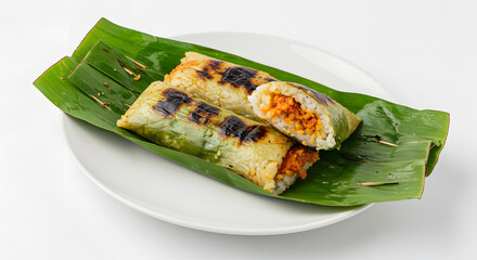Grilled rice cakes on banana leaves, a savory Indonesian delicacy served on a white plate, perfect for culinary promotions