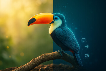 Fototapeta premium AI generated image showing a large hornbill split into nature and digital realms, symbolizing balance between wildlife and futuristic technology in a contrasting aesthetic