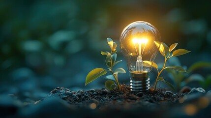 Light Bulb Nurturing Sprouting Plant in Natural Environment Concept