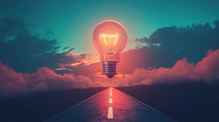 Bright Light Bulb Over a Road Symbolizing a Journey to the Future