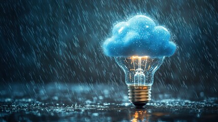 Light Bulb with Cloud and Rain Representing Nourishing Ideas and Creativity