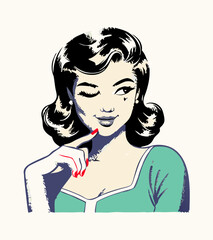 Retro Woman Winking Pop Art Illustration