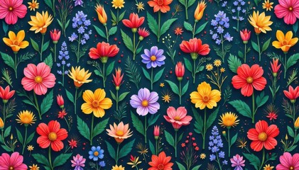 Repetitive pattern of wildflowers & foliage, vibrant hues , digital, wildflowers