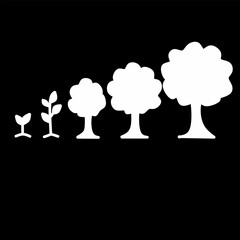 Minimalist black tree growth silhouette icon showing the stages of plant development from seedling to mature tree, isolated on background