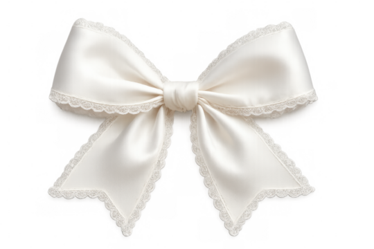 Delicate white silk bow featuring intricate lace edging, floating against transparent backdrop, enhancing design elegance with refined detail