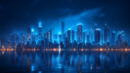 Fototapeta premium Cinematic neon glow. Futuristic city skyline reflected on water. Perfect for cyberpunk settings, tech presentations, or sci-fi storytelling.