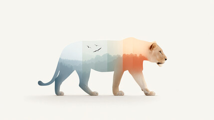 Minimalist art of a walking lioness with a landscape and gradient sunset double exposure inside its silhouette.