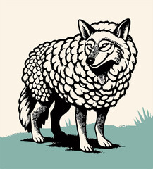 Wolf in Sheep's Clothing Illustration, Black and White Graphic