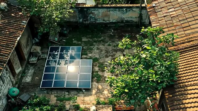 Solar panels in a courtyard surrounded by greenery