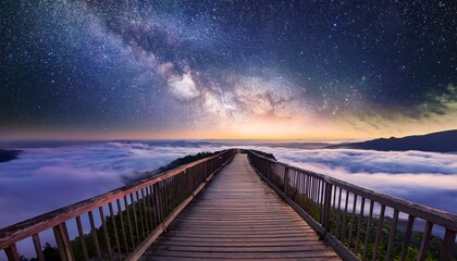 Obraz premium enchanting pathway through clouds under a starry sky at twilight