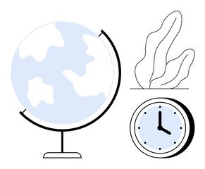 Simplistic globe, clock, and abstract plant elements highlight global connectivity, time management, and nature. Ideal for education, ecology, business planning, travel time zones sustainability