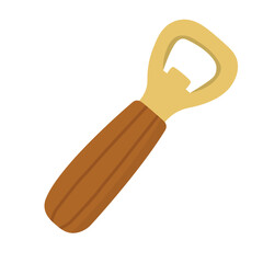 Cartoon bottle opener with wooden handle in flat style, perfect for Oktoberfest and bar design.