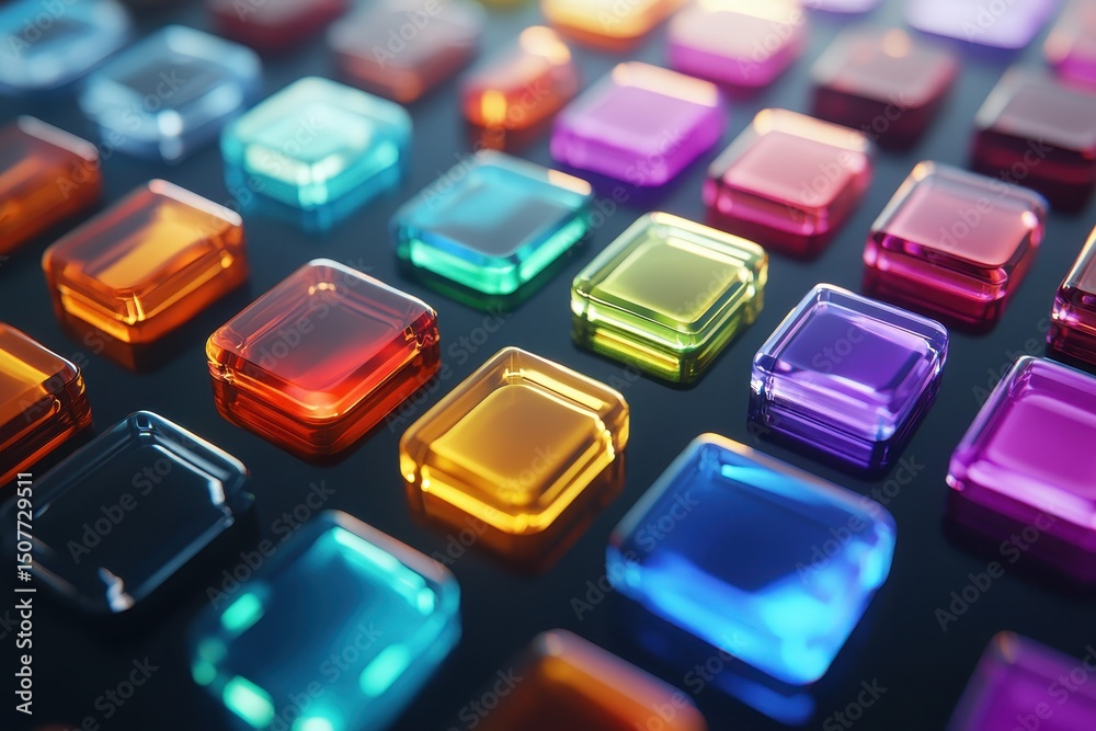 Poster colorful glass tiles arranged in a vibrant pattern on a dark surface showcasing various colors and d