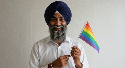 Smiling Indian Sikh man with a beard and turban proudly holding a small rainbow LGBTQ pride flag. Diversity, inclusion, and support for the queer community.