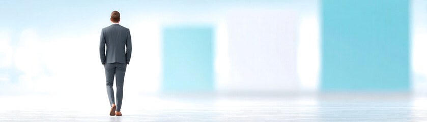 Fototapeta premium A man in a suit walks toward large, abstract blue and white blocks in a bright, minimalistic space.