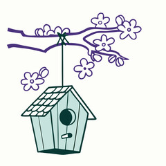 Cute Birdhouse Hanging from Blooming Branch