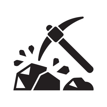 Mining resources with a pickaxe or pick axe flat vector icon for apps and games. Vector black silhouette. with white background
