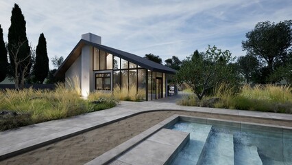 3d render of modern countryside house with pitched roof, pool and minimalist landscape design. Aerial view of luxury home surrounded by nature. Ideal for architecture and real estate.