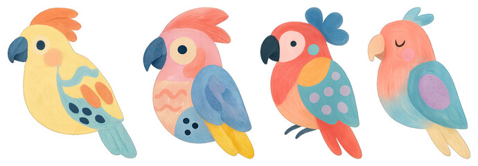 PNG Colorful cartoon parrot illustrations, element set on transparent background