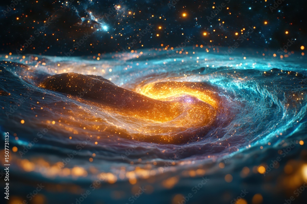 Poster galactic spiral with glowing core and vivid dust lanes in the vastness of space captured in high det