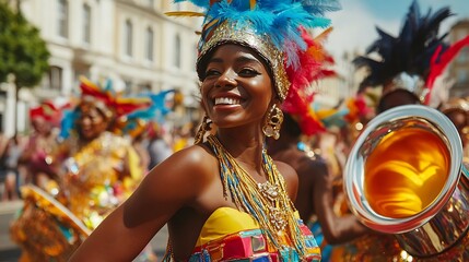 Smiling woman in vibrant carnival costume.