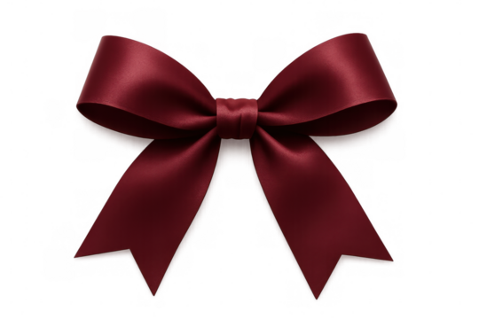 Elegant dark red satin ribbon bow isolated on transparent background, perfect for adding a touch of sophistication to gift wrapping, invitations, or festive decorations