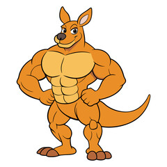 Cartoon muscular kangaroo isolated on white background. Kangaroo bodybuilder shows strong arms, biceps. Side view. Vector illustration