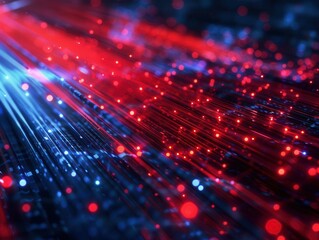 Premium render of red and blue fiber optic light trails, abstract technological background with a dual tone LED effect.