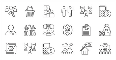 Business company and Management icon set. Contains symbol of teamwork, target, market, global, success, customer service, leadership, holiday, asset, meeting, entrepreneur. Vector illustration