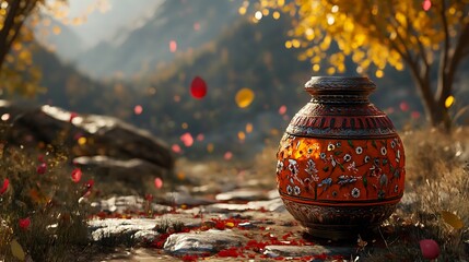Ornate terracotta jar resting on a stone path amidst autumnal foliage.