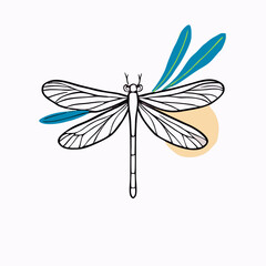 Line Art Dragonfly with Teal Leaves Illustration