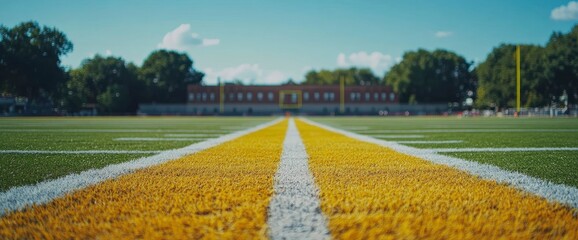 Obraz premium American Football Field Close-Up of Yard Lines Leading to Stadium
