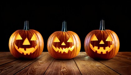 three lit jack o lantern halloween pumpkin lanterns on a wooden product display table with an isolated background