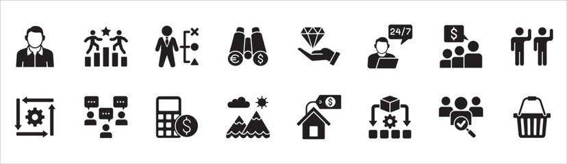 Business and management icon set. Contains symbol of businessman, target, leadership, progress, holiday, data, stock, market, accounting, training, resource, finance, service. Vector illustration