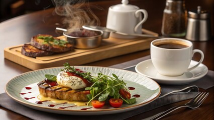 Delicious poached egg with roasted vegetables and toast