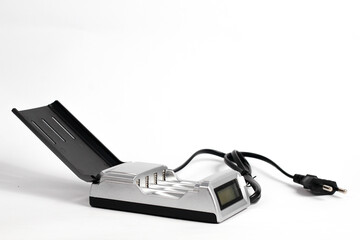 battery charger AA attached black cable isolated white background.