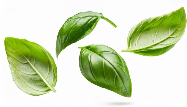 falling basil leaves isolated on white background