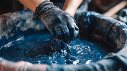 Gloves hands carefully handling fabric during the dyeing process in a blue vat, showcasing craft.