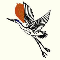 Japanese Crane Bird in Flight, Sunrise Design