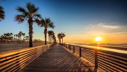 Obraz premium palm trees on boardwalk at sunrise