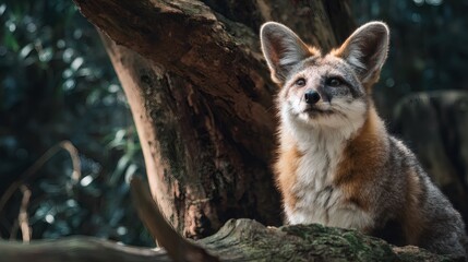 Obraz premium A majestic grey fox, perched serenely on a tree, captivated by something above.