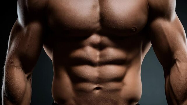 Closeup of a muscular torso showing defined pectoral muscles, abdominal muscles, biceps, and shoulder muscles against a dark backdrop.