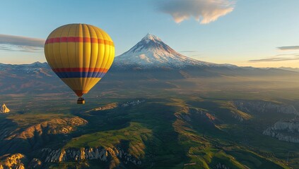 Fototapeta premium Hot air balloon over a mountainous landscape.
