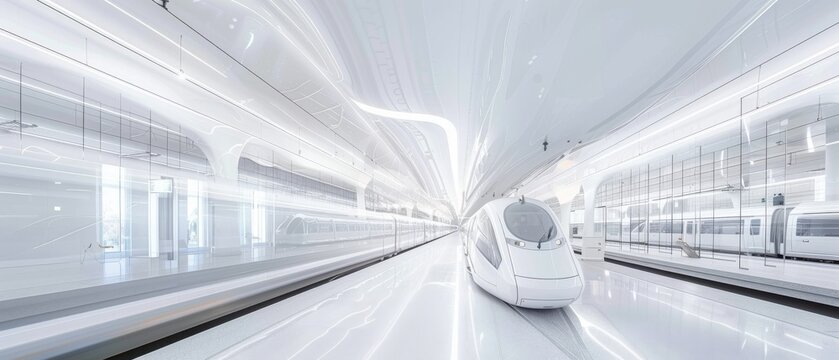 Gleaming white maglev trains at a futuristic hub, crystalline towers backdrop, minimalist signs, glass walls define space.