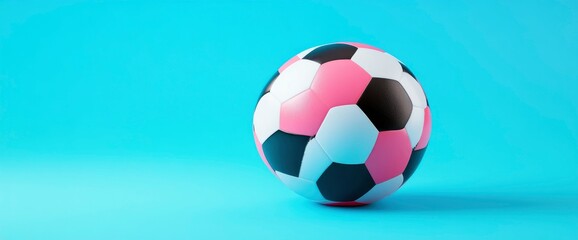 Pink, Black, and White Soccer Ball on Light Blue Background