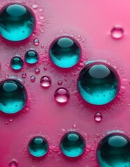 Shiny blue water drops form a wet circle pattern on the glass surface, reflecting a liquid texture