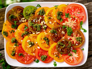 A beautiful spring tomato salad enhanced with pesto, lemon juice, shallots, pine nuts and large...