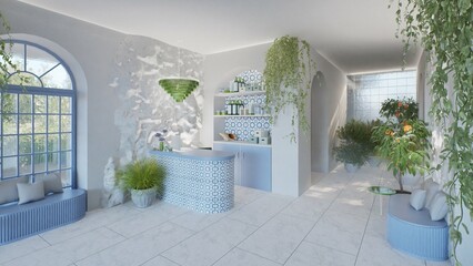 3d render of Mediterranean-style spa reception with textured white walls, blue seating, mosaic counter, and lush greenery. Serene and elegant wellness interior concept.