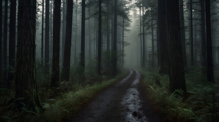 Obraz premium Caminho Solitário Através de Floresta Densa, Escura e Nebulosa ao Amanhecer